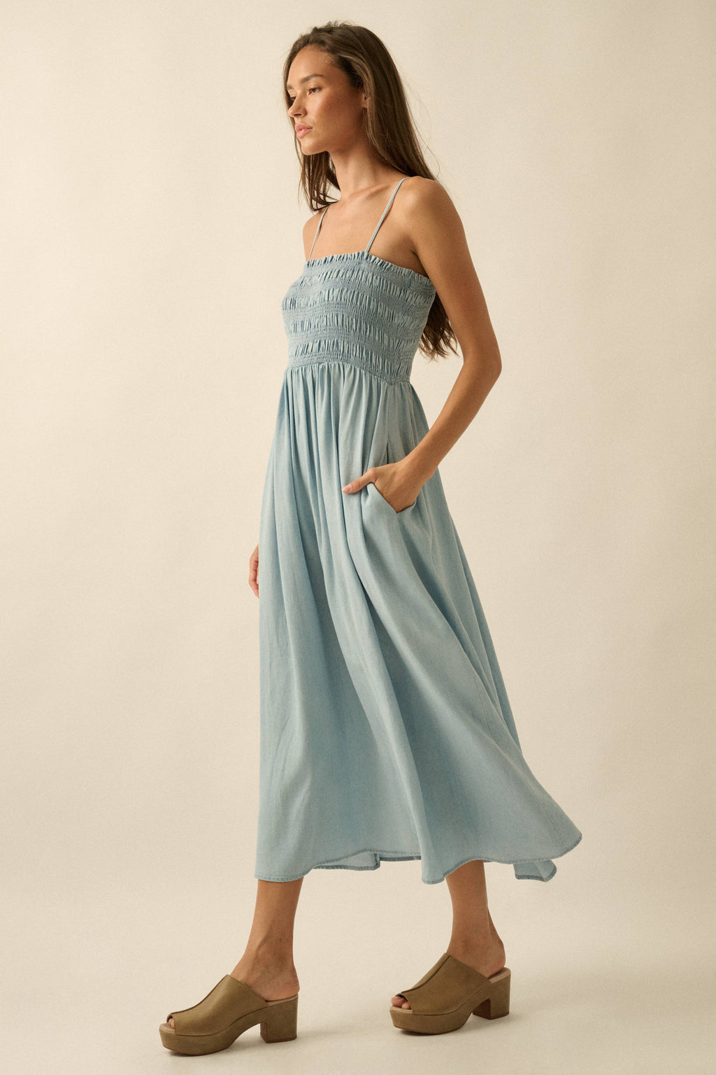 Tencel Denim Smocked Pocket Midi Dress
