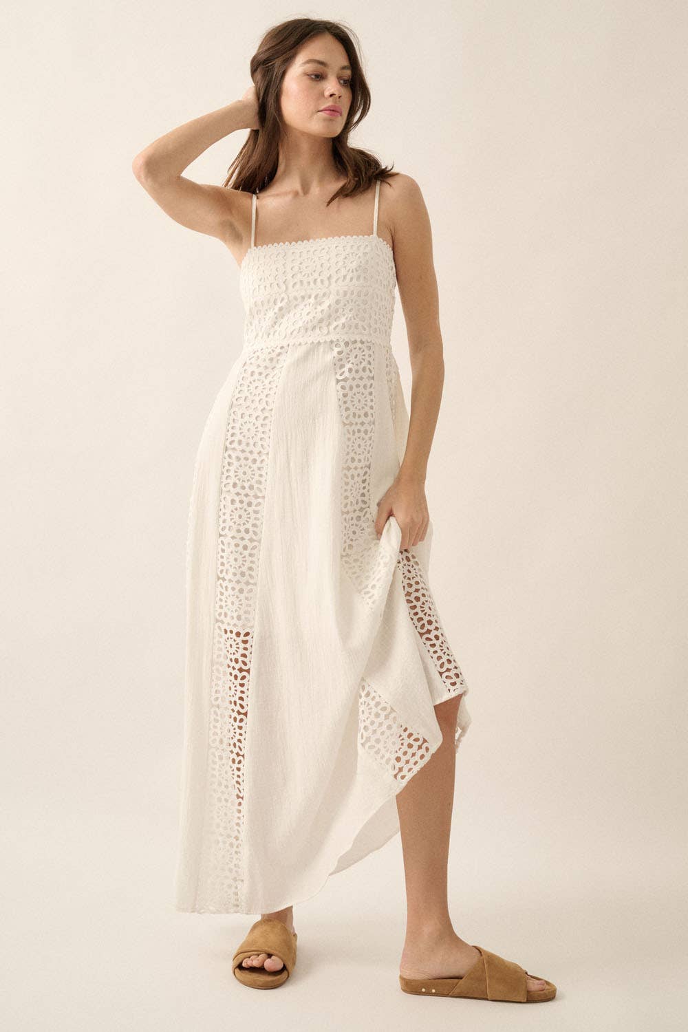 Red Crochet Lace and Crepe Paneled Maxi Dress