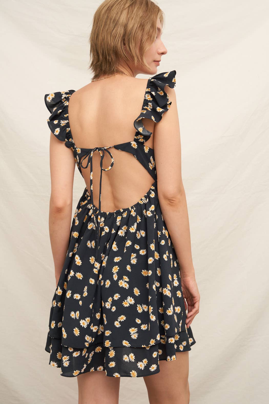 Daisy Print Flutter Sleeve Open Back Mini Dress