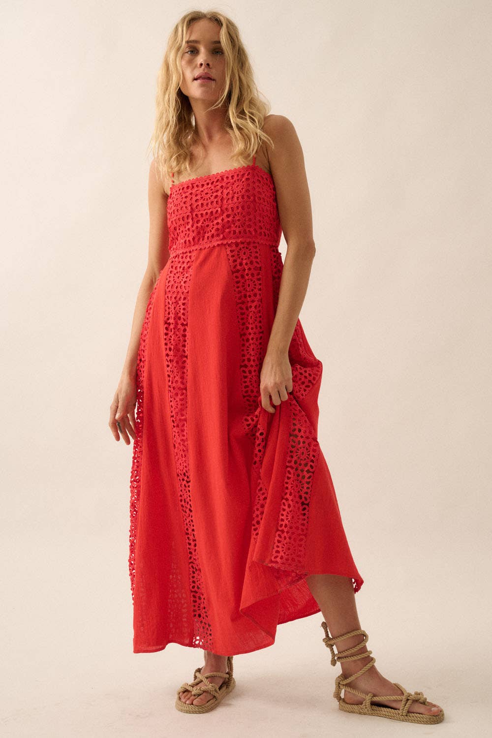 Red Crochet Lace and Crepe Paneled Maxi Dress
