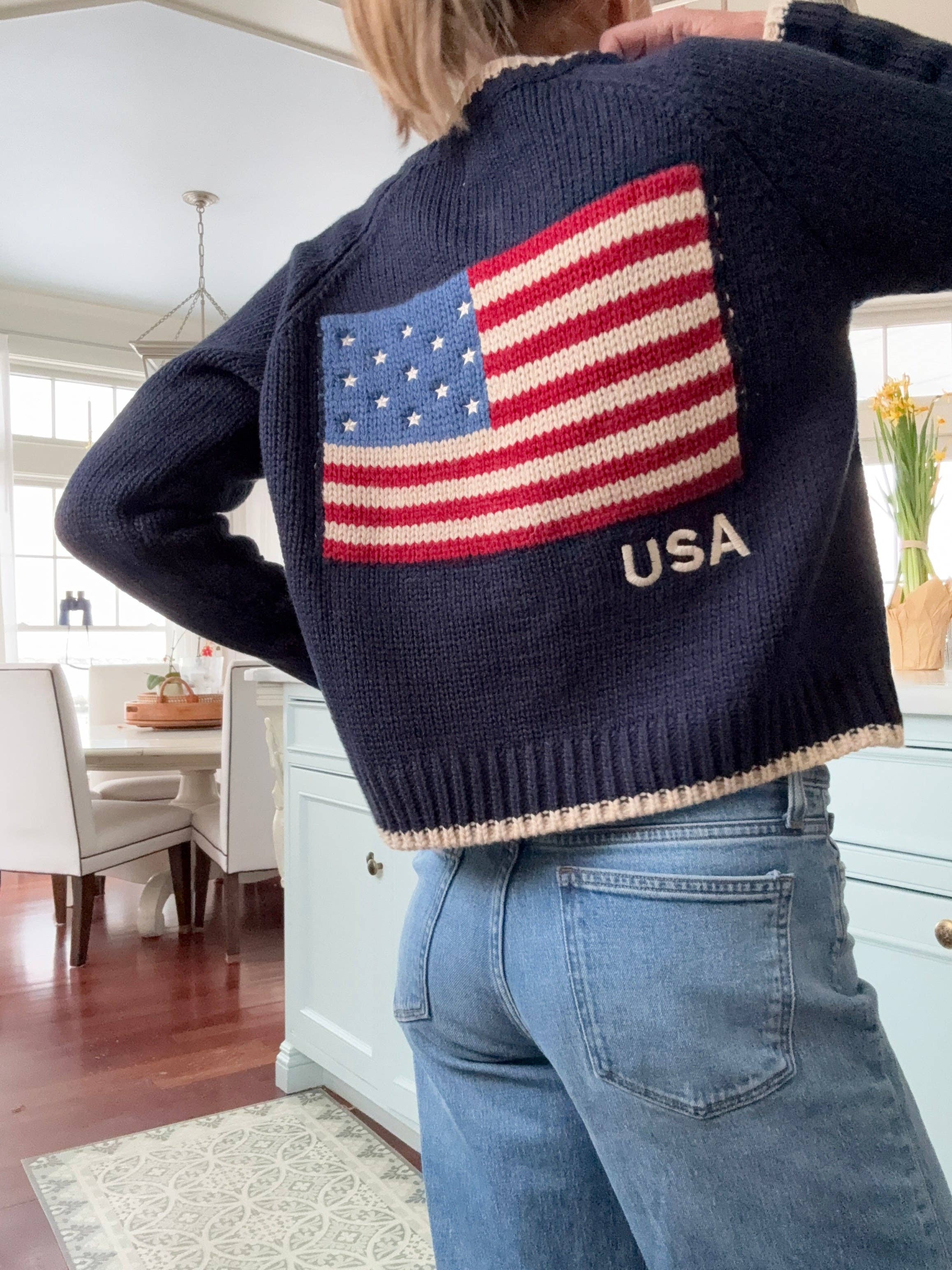 Flag Crop Varsity Cardigan in Navy
