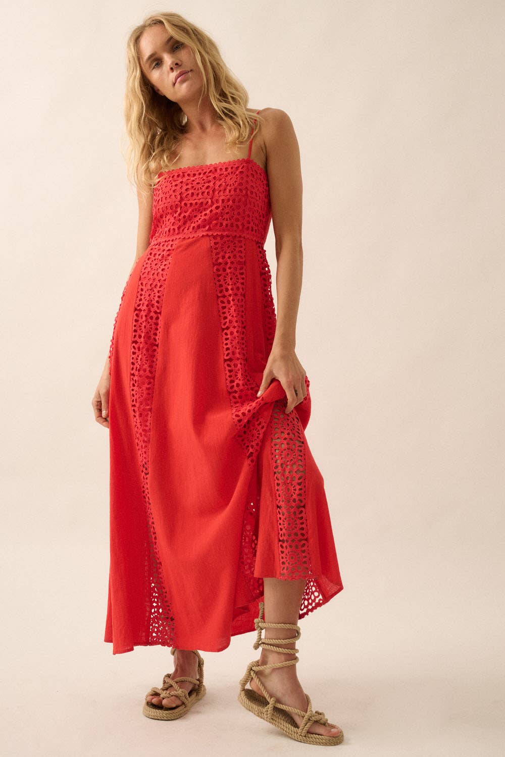 Red Crochet Lace and Crepe Paneled Maxi Dress