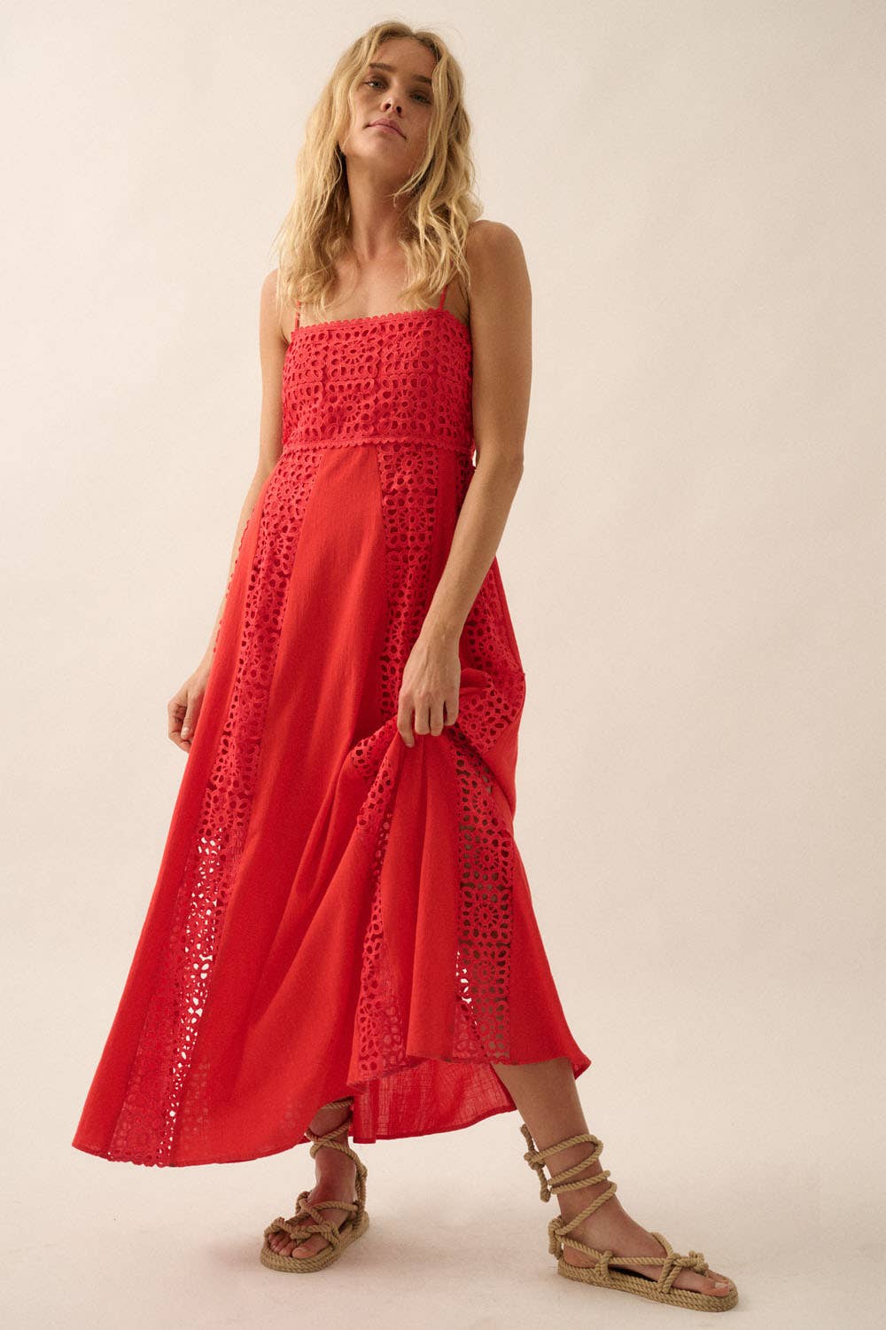 Red Crochet Lace and Crepe Paneled Maxi Dress