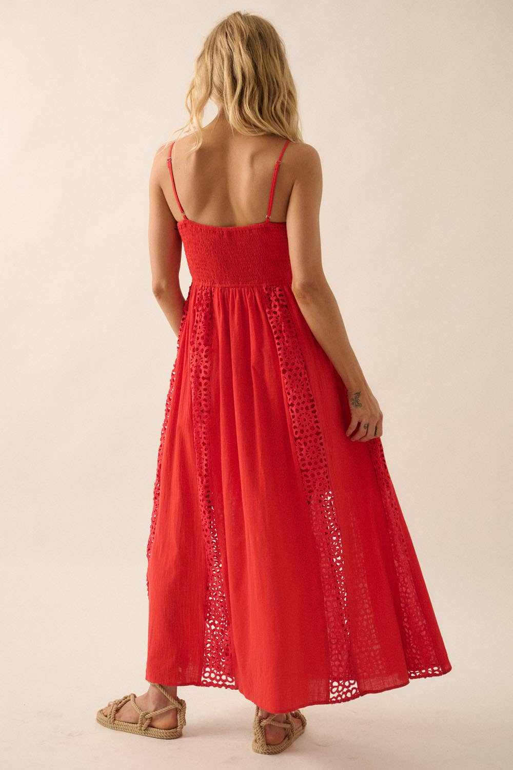 Red Crochet Lace and Crepe Paneled Maxi Dress