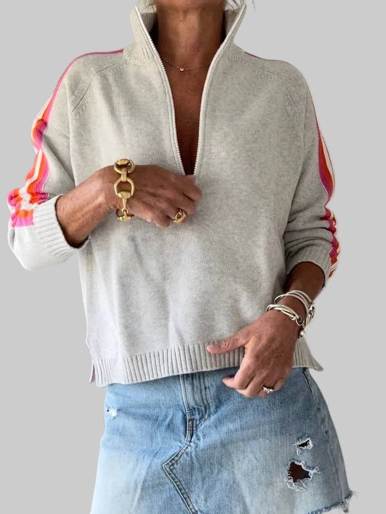 Retro 1/2 Zip Cotton Sweater (Gray/Pink/Orange)