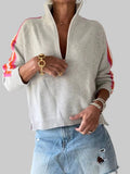 Retro 1/2 Zip Cotton Sweater (Gray/Pink/Orange)