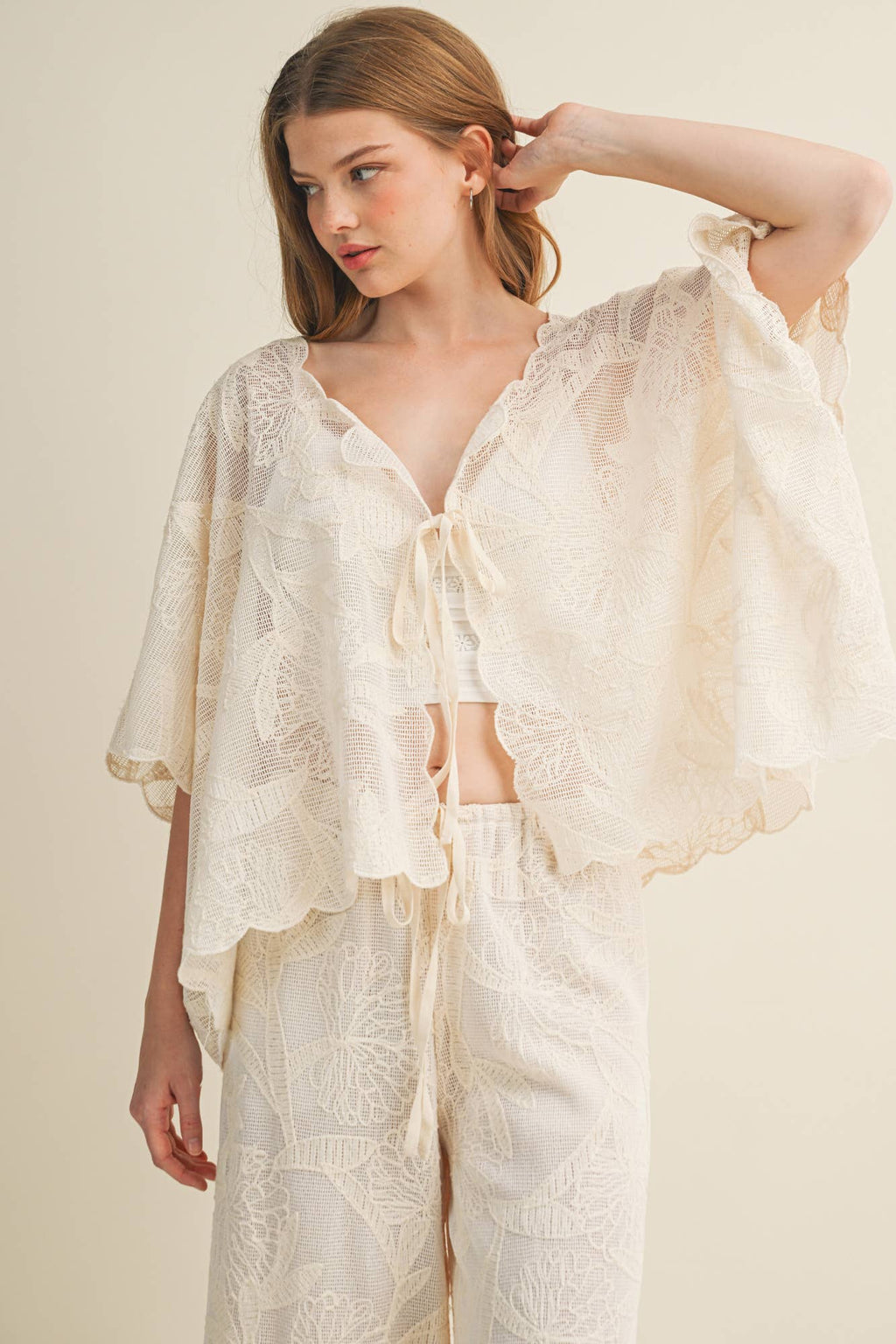 Botanical Lace Tie-Front Capelet Top