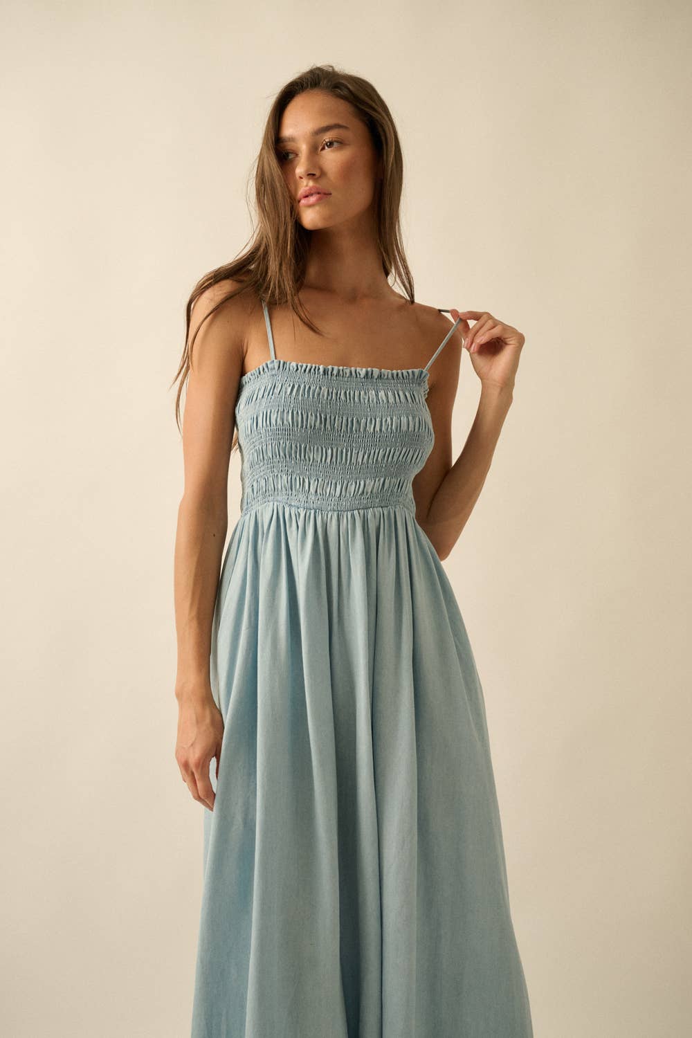 Tencel Denim Smocked Pocket Midi Dress