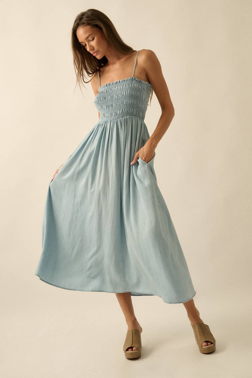 Tencel Denim Smocked Pocket Midi Dress