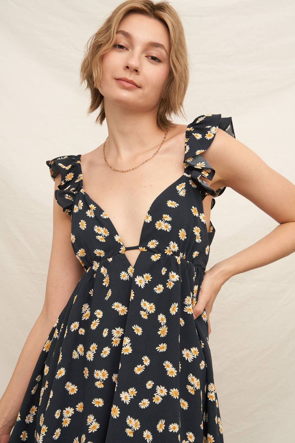 Daisy Print Flutter Sleeve Open Back Mini Dress