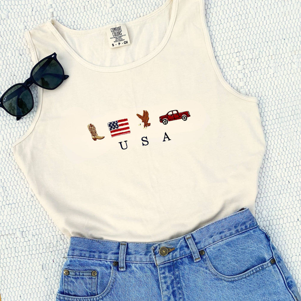90's Embroidered USA Icons Comfort Colors Tank Top