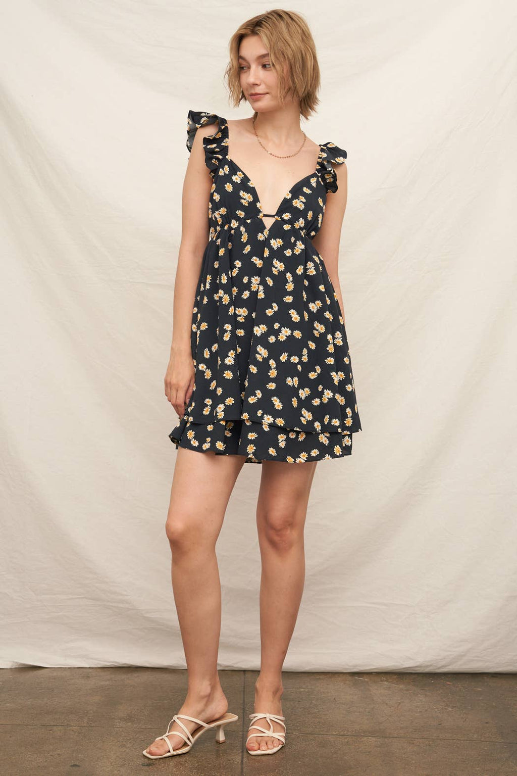 Daisy Print Flutter Sleeve Open Back Mini Dress