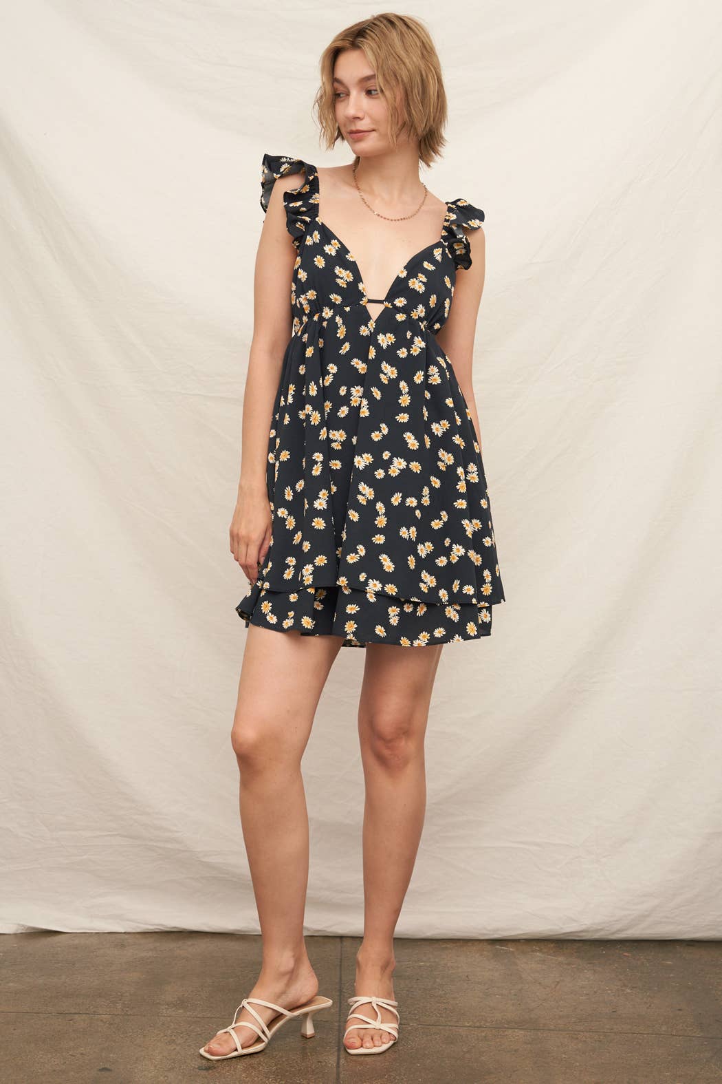 Daisy Print Flutter Sleeve Open Back Mini Dress