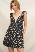 Daisy Print Flutter Sleeve Open Back Mini Dress
