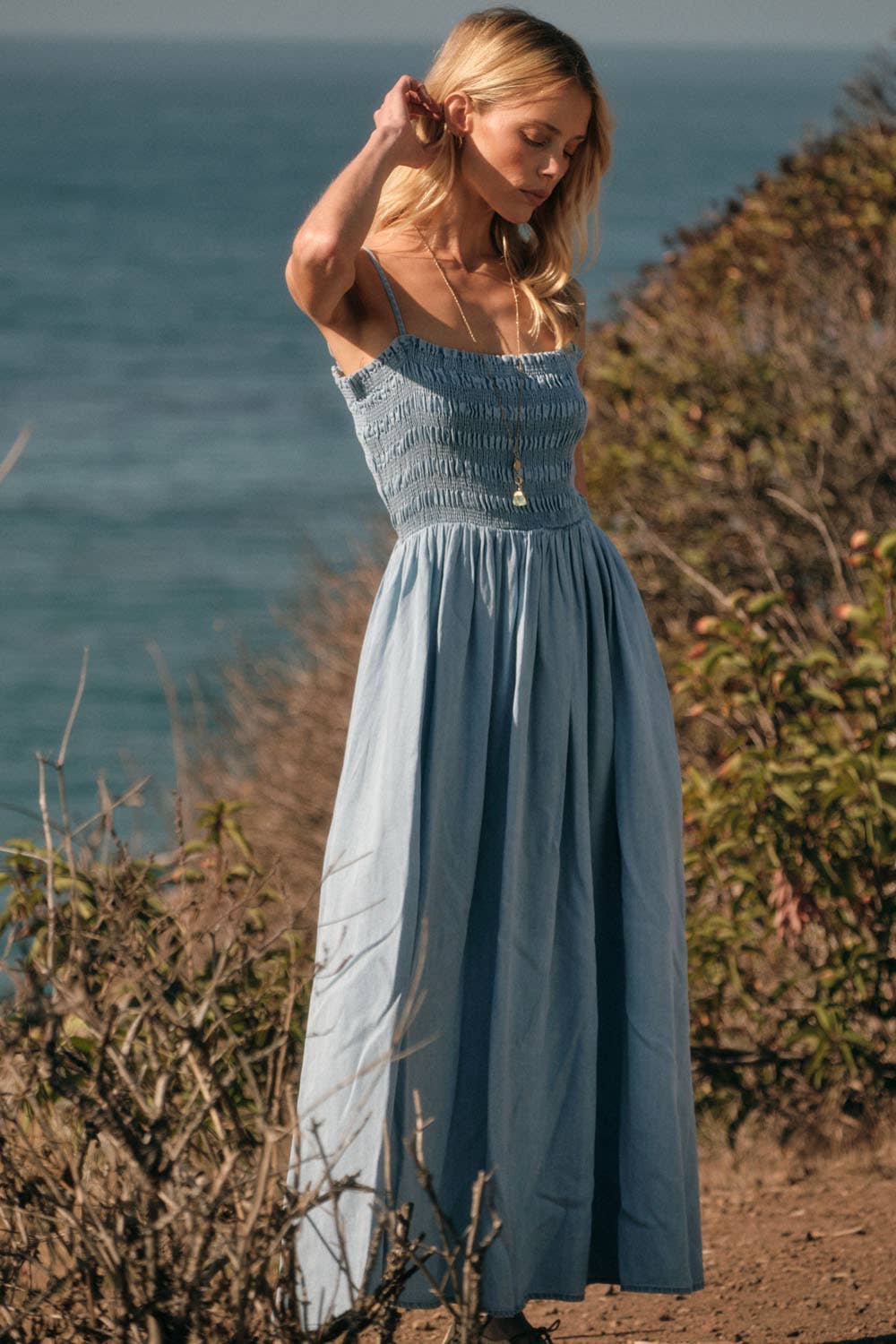 Tencel Denim Smocked Pocket Midi Dress