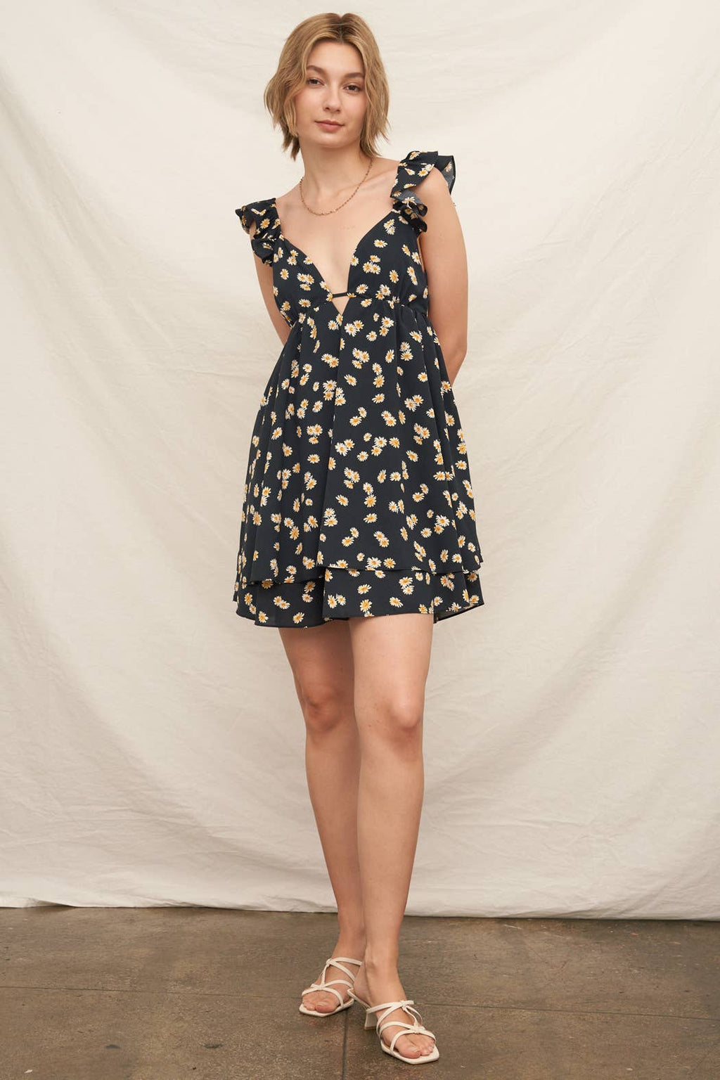 Daisy Print Flutter Sleeve Open Back Mini Dress