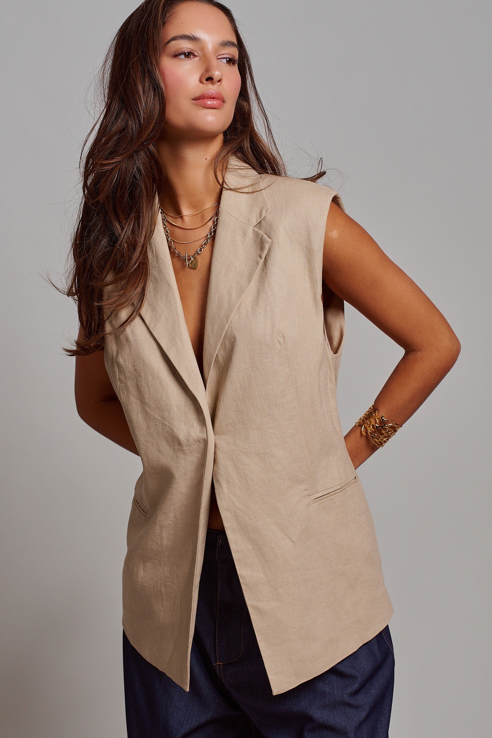 Linen Blend Tailored Notched Lapel Vest
