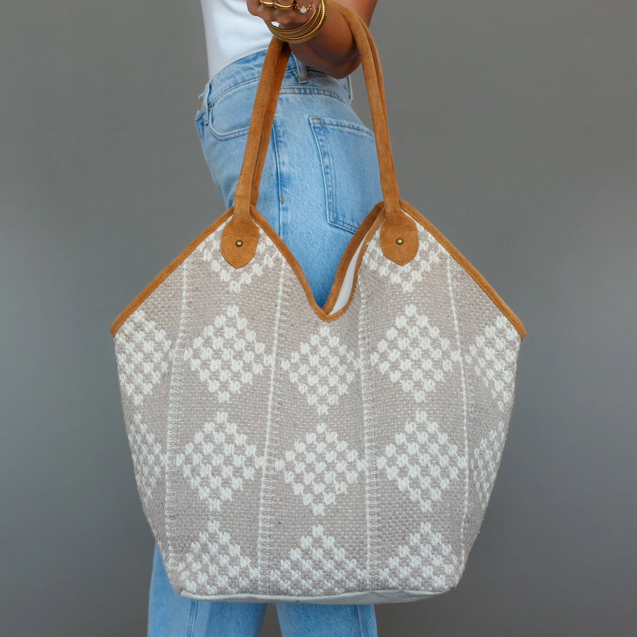 Beige & Cream Diamond Patter Woven Tote Bag