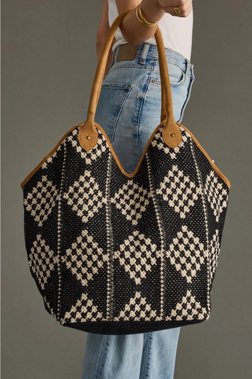 Black & Cream Diamond Patter Woven Tote Bag