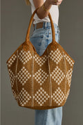 Camel & Cream Diamond Patter Woven Tote Bag