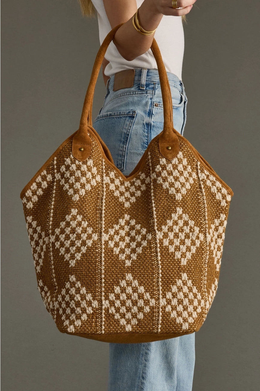 Camel & Cream Diamond Patter Woven Tote Bag