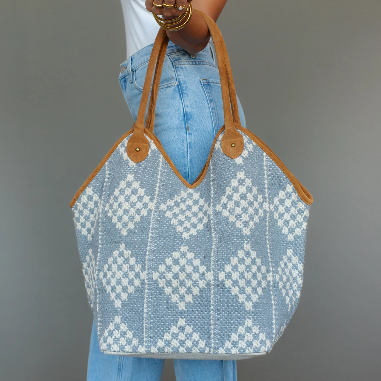 Gray & Cream Diamond Patter Woven Tote Bag