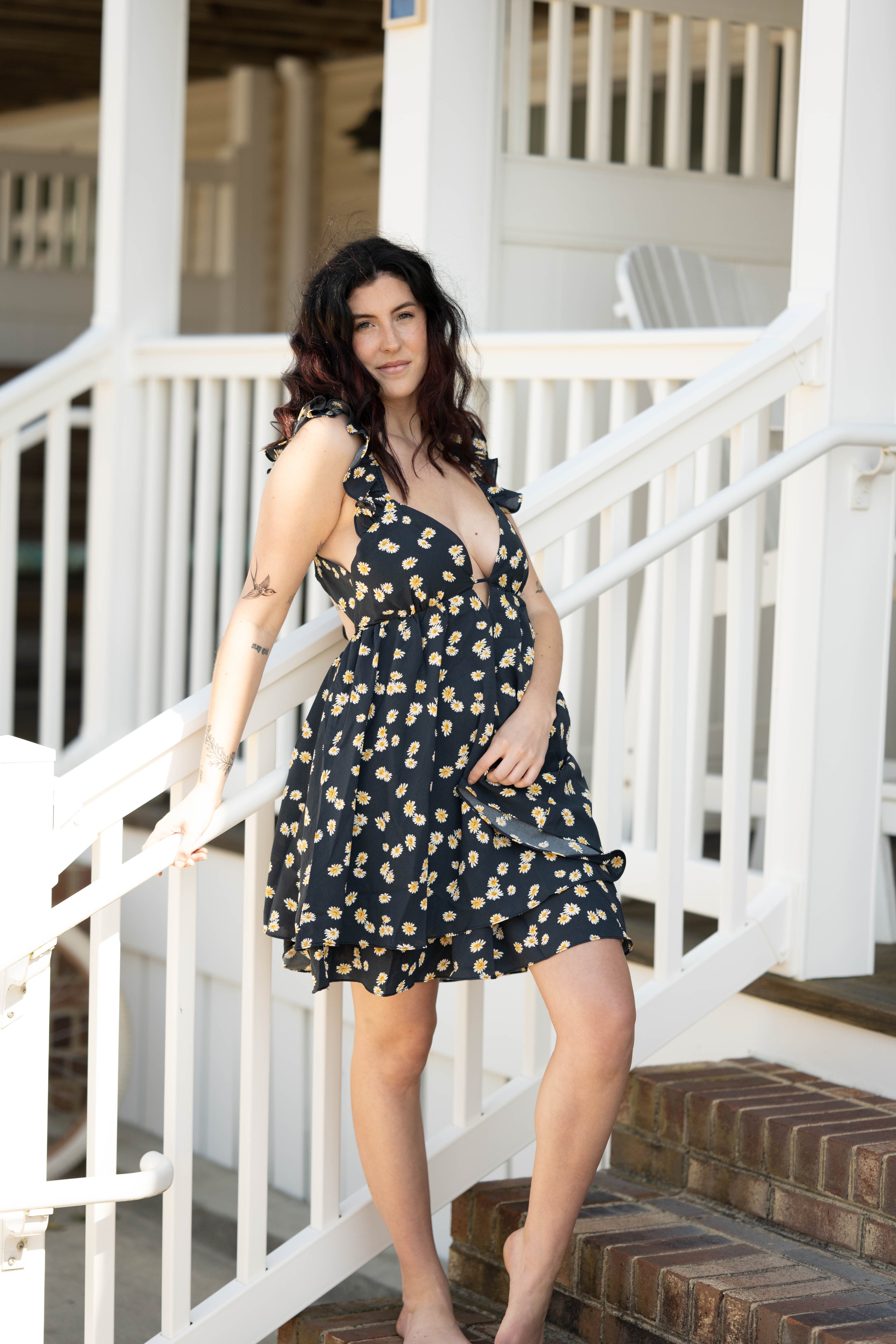 Daisy Print Flutter Sleeve Open Back Mini Dress