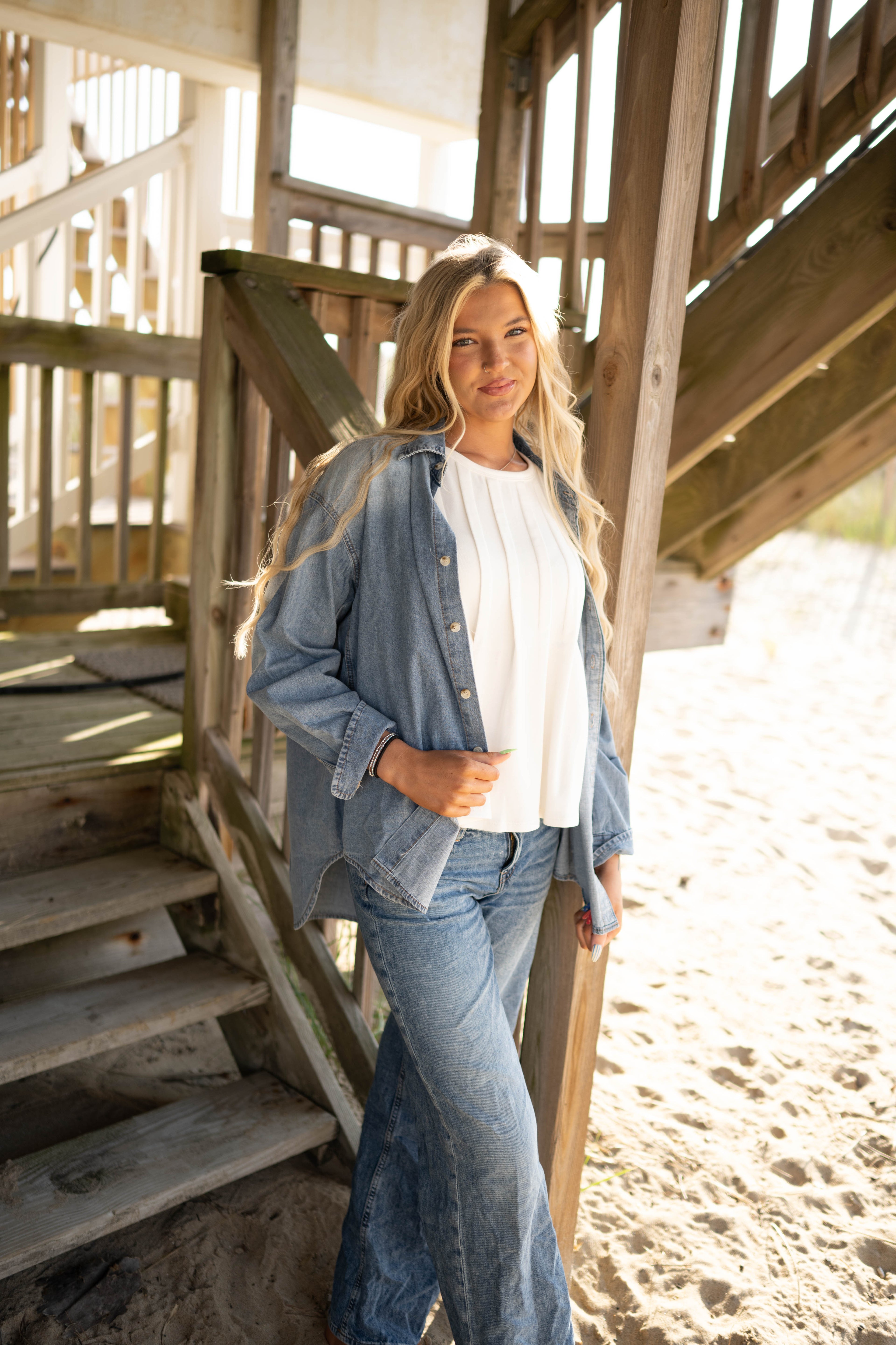 Woven Cotton Chambray Denim Button-Down Shirt