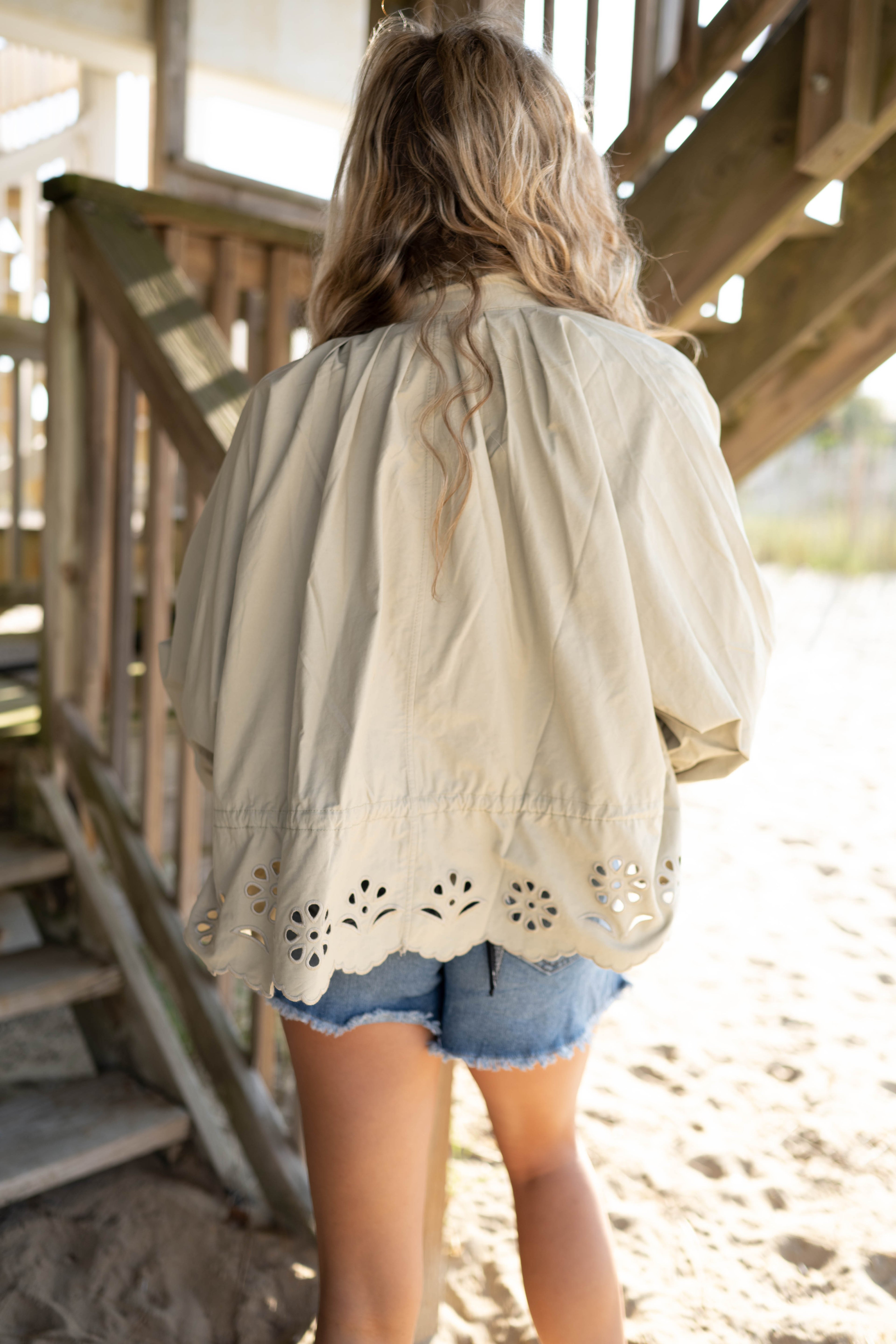 Pleated High-Neck Eyelet Scallop Jacket