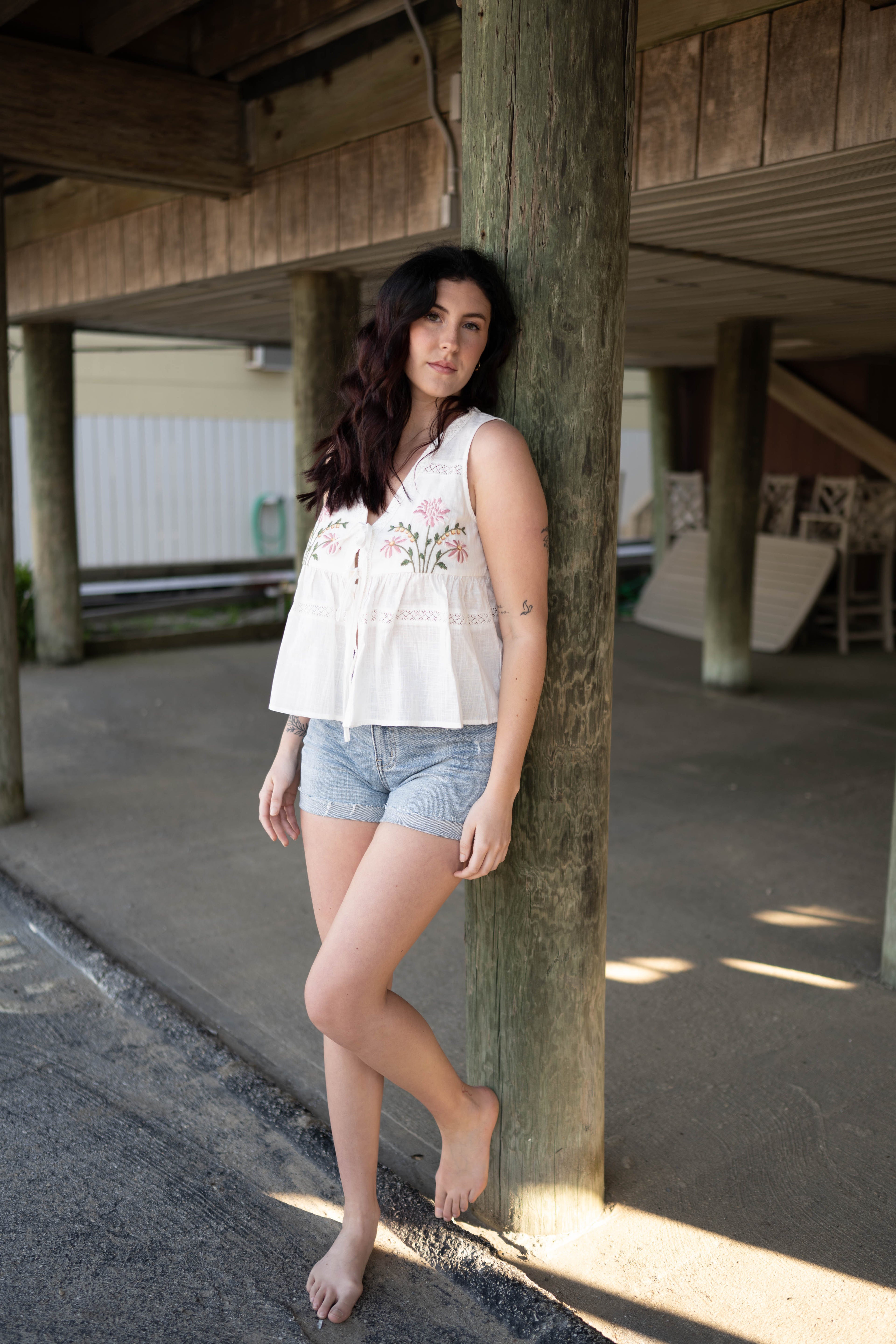 Embroidered Floral Tie-Front Peplum Vest