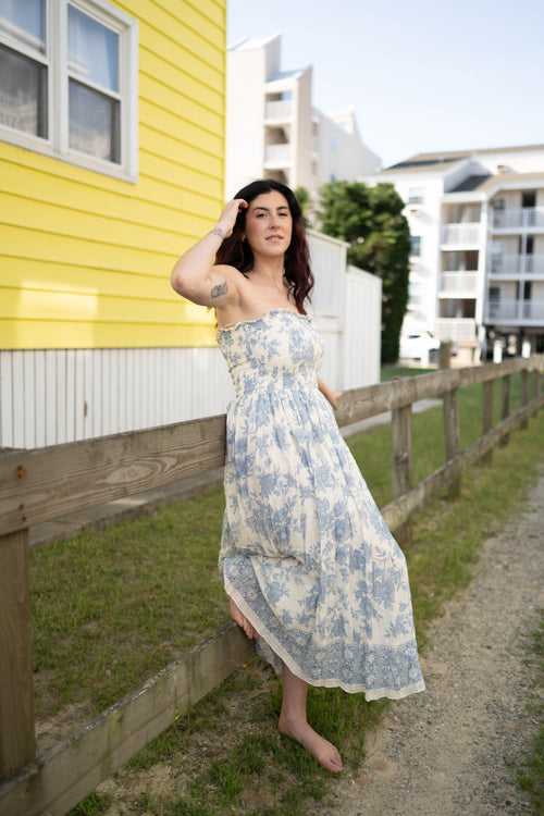 Blue & White Floral Smocked Strapless Midi