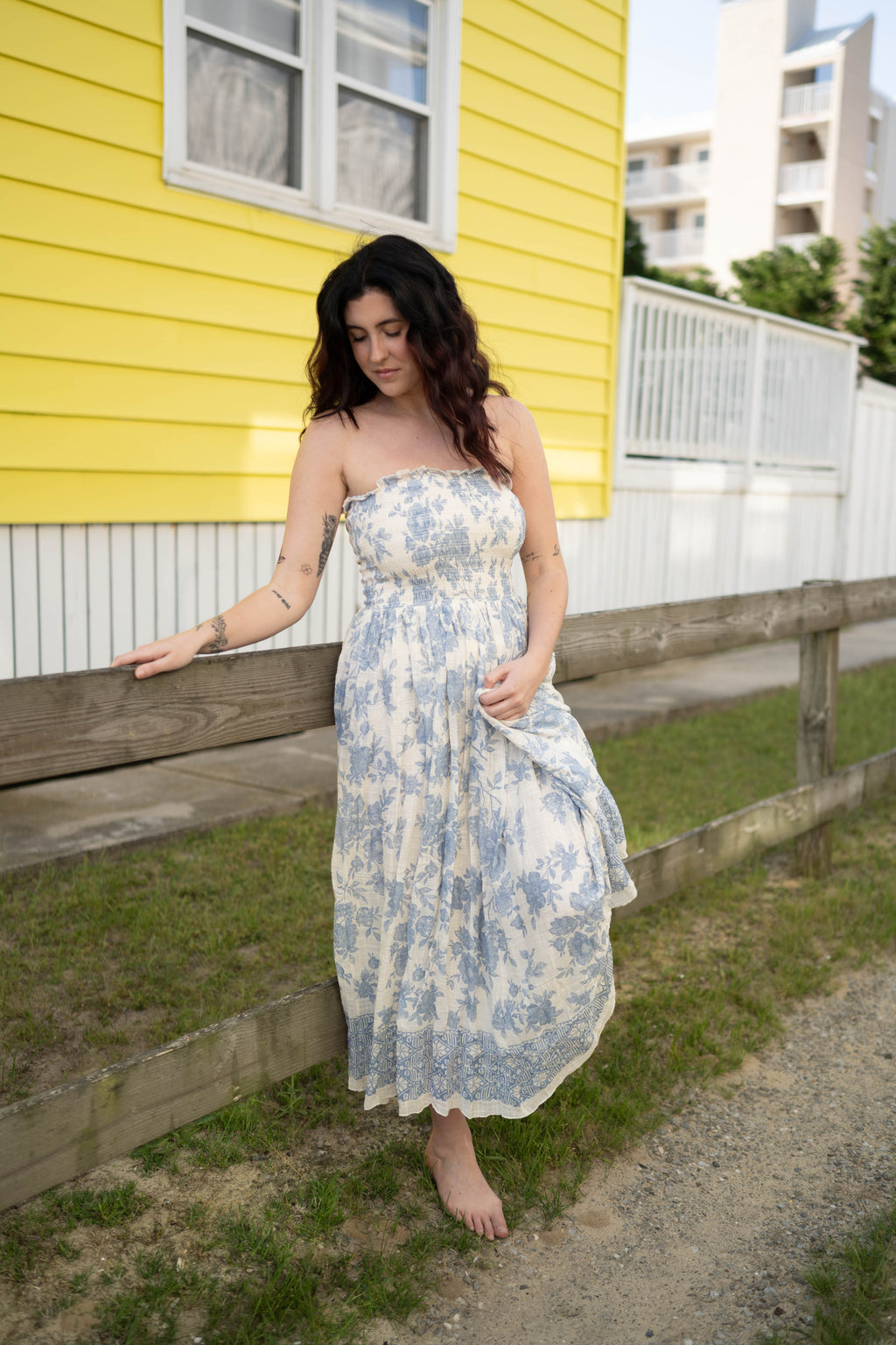 Blue & White Floral Smocked Strapless Midi