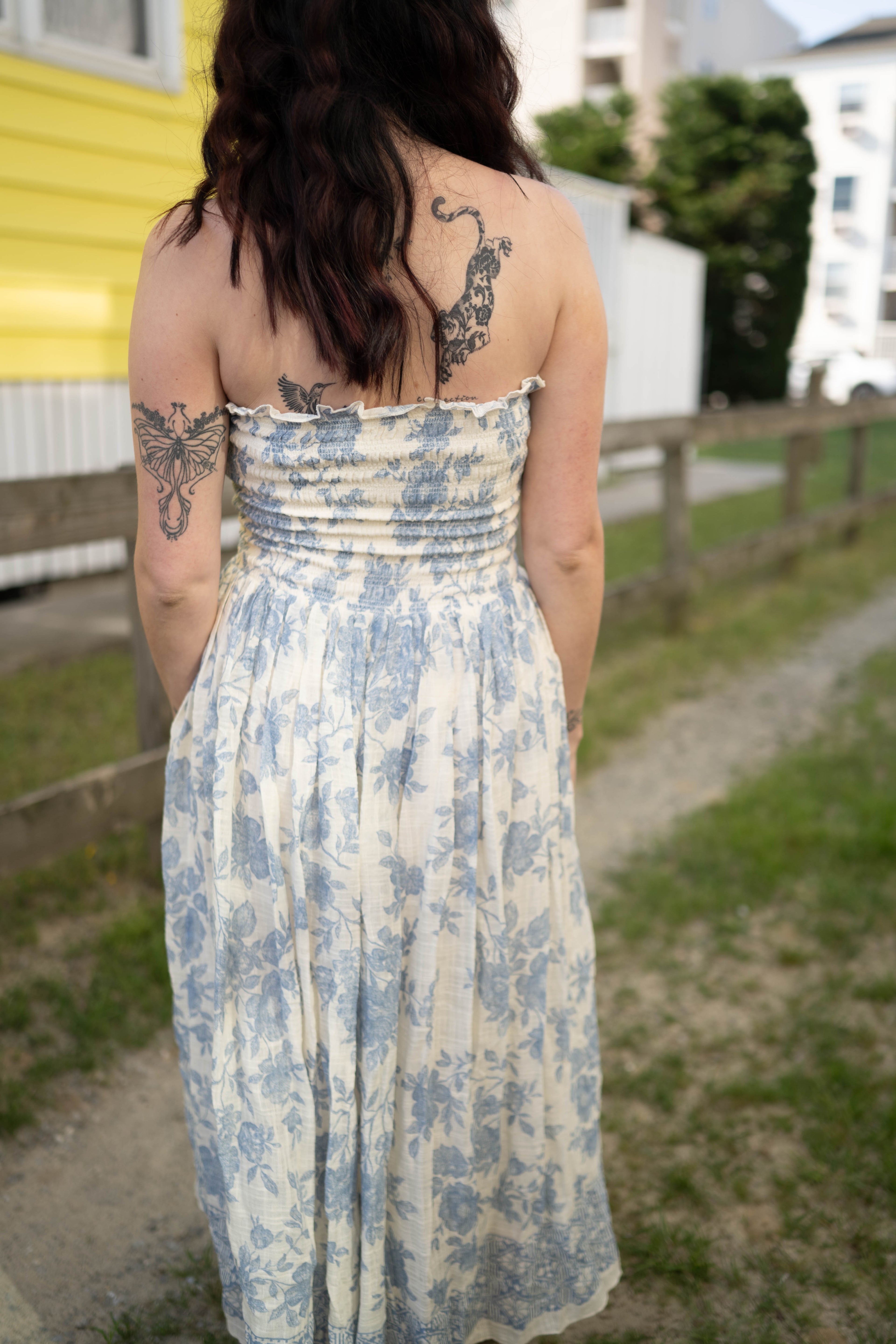 Blue & White Floral Smocked Strapless Midi