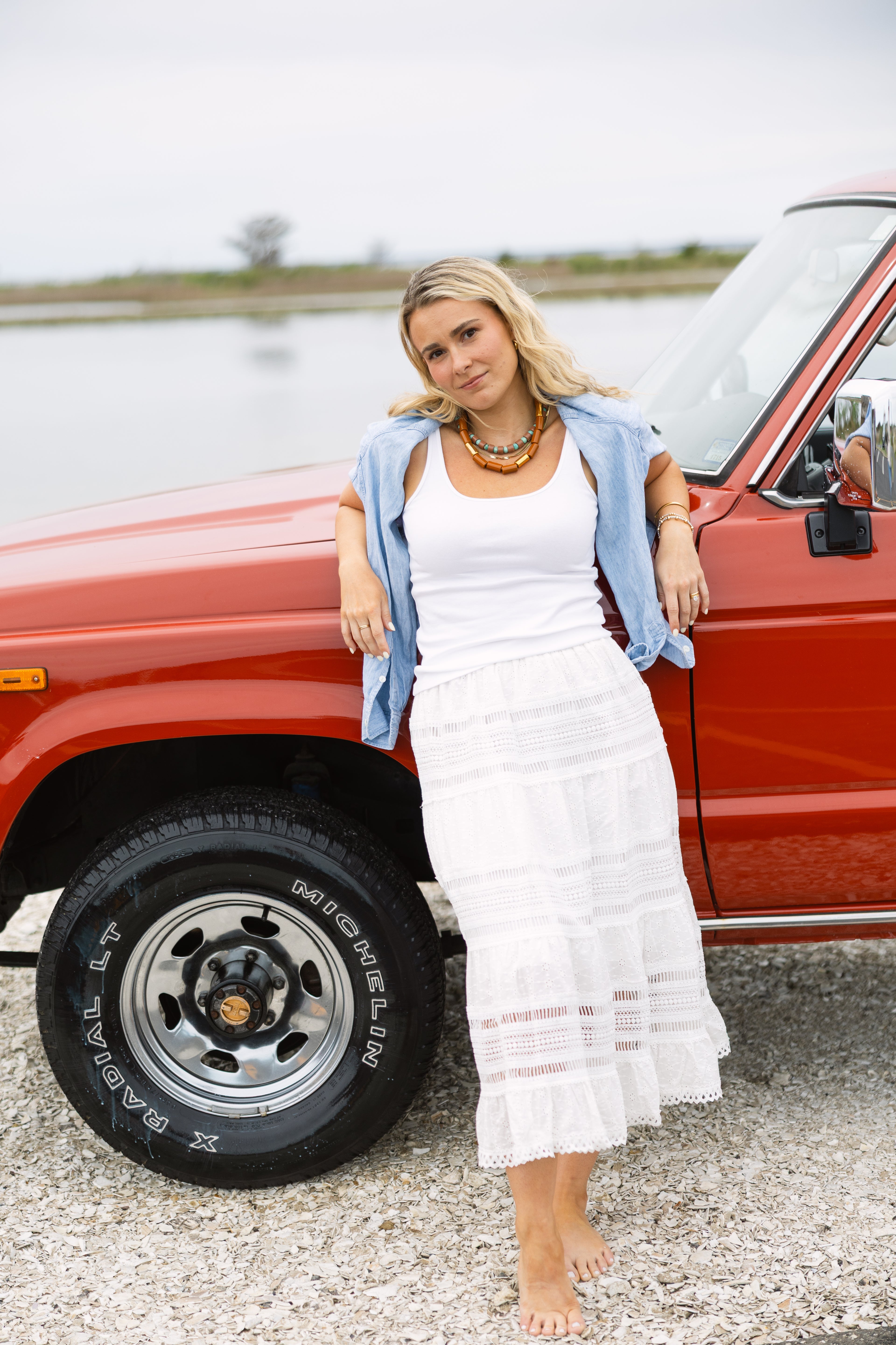 Woven Eyelet Lace Flare Midi Skirt