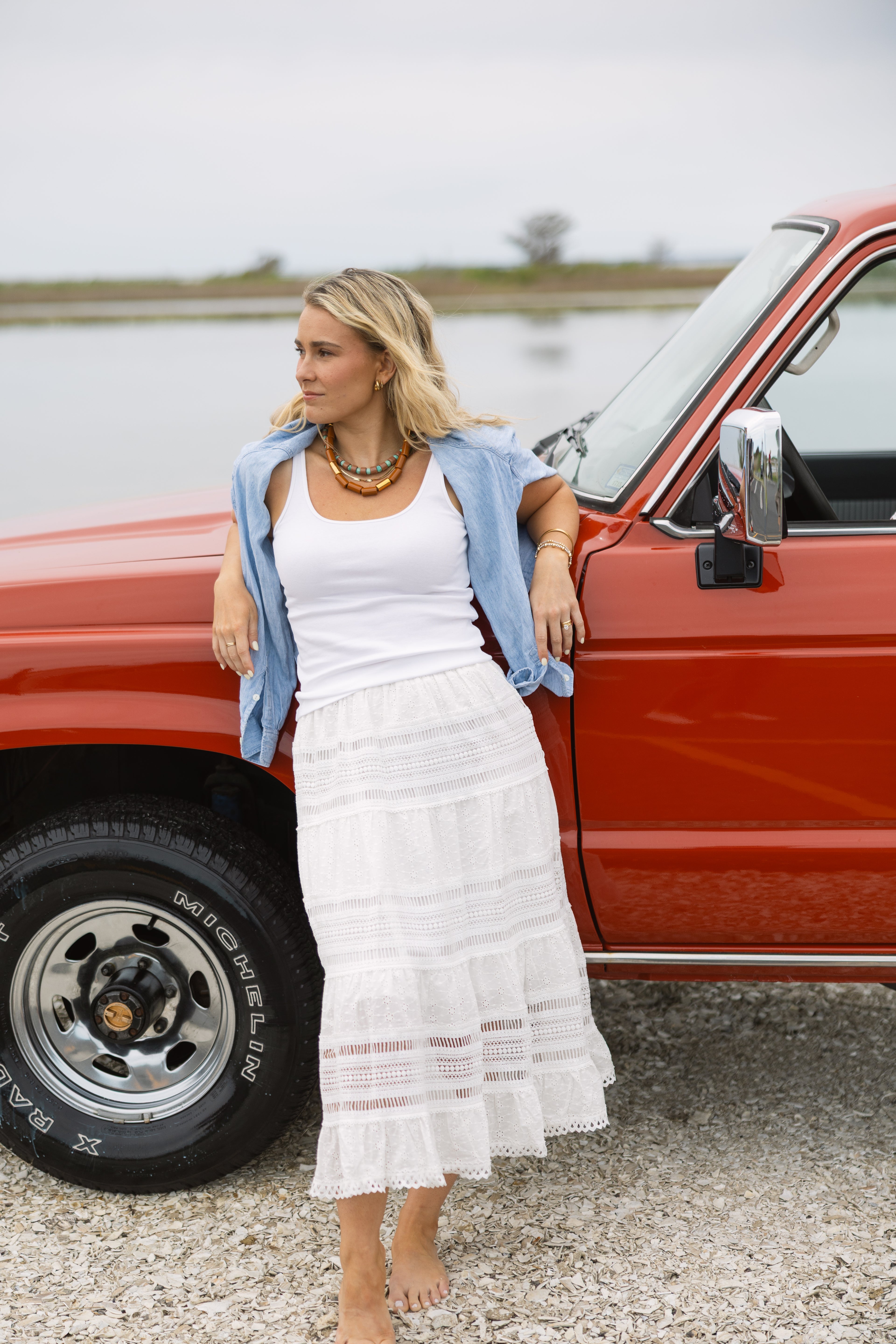 Woven Eyelet Lace Flare Midi Skirt