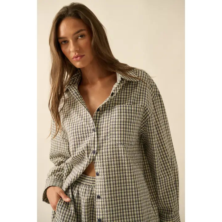 Plaid Textured Seersucker Button Up