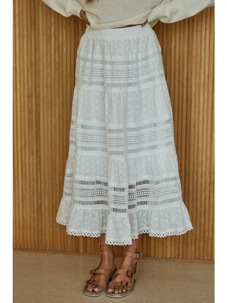 Woven Eyelet Lace Flare Midi Skirt
