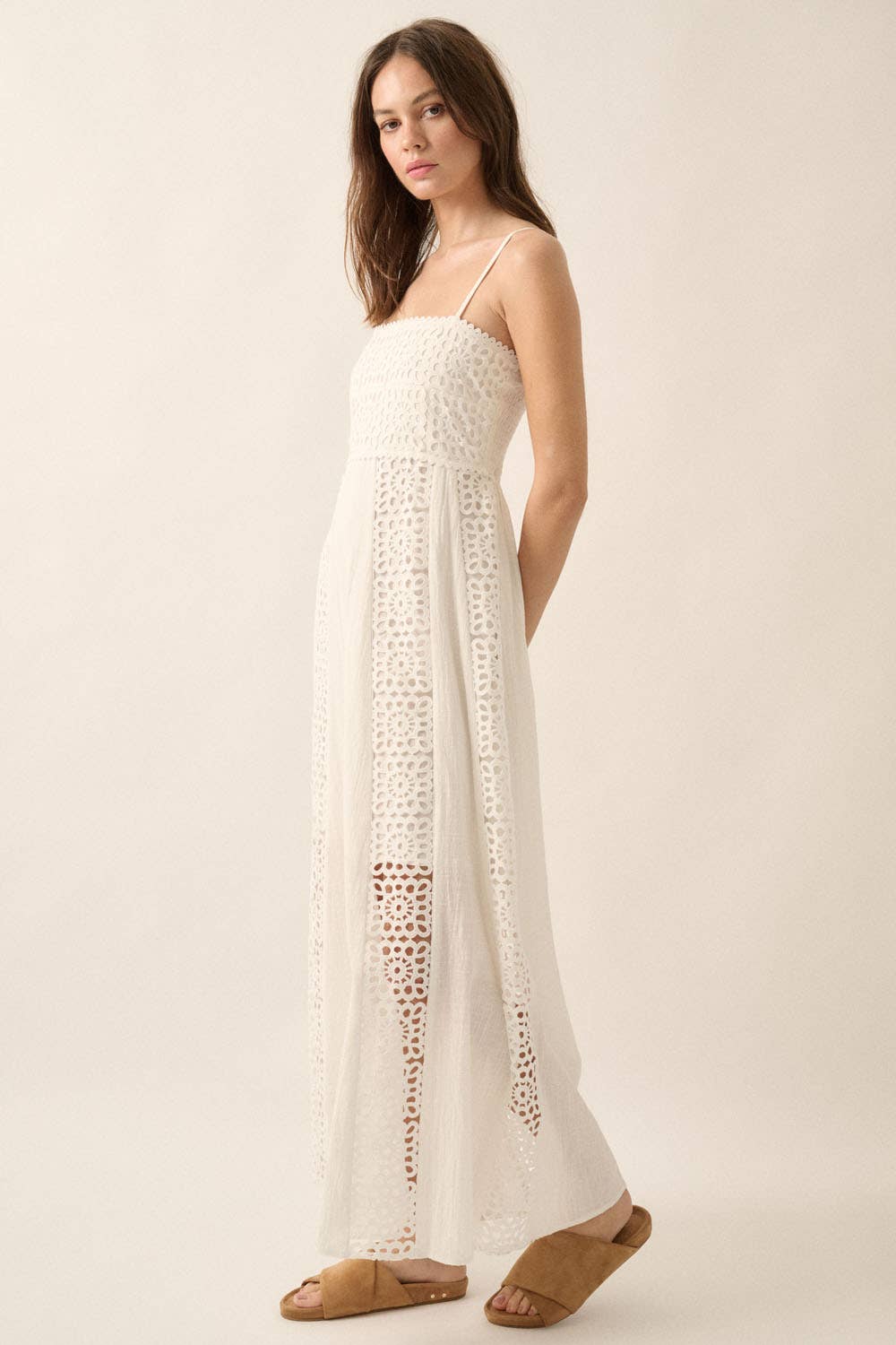 Red Crochet Lace and Crepe Paneled Maxi Dress