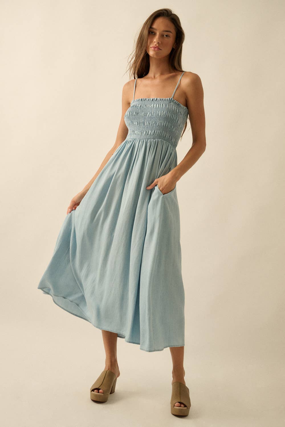 Tencel Denim Smocked Pocket Midi Dress