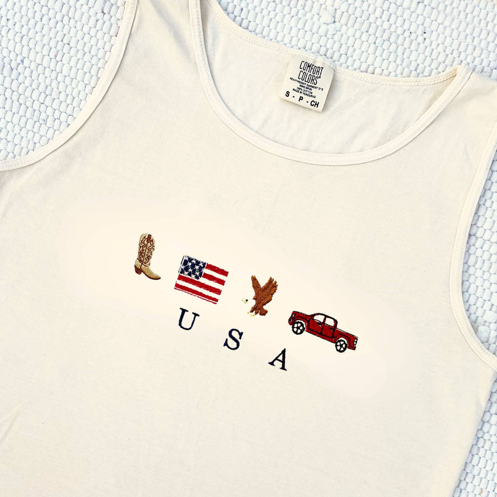 90's Embroidered USA Icons Comfort Colors Tank Top