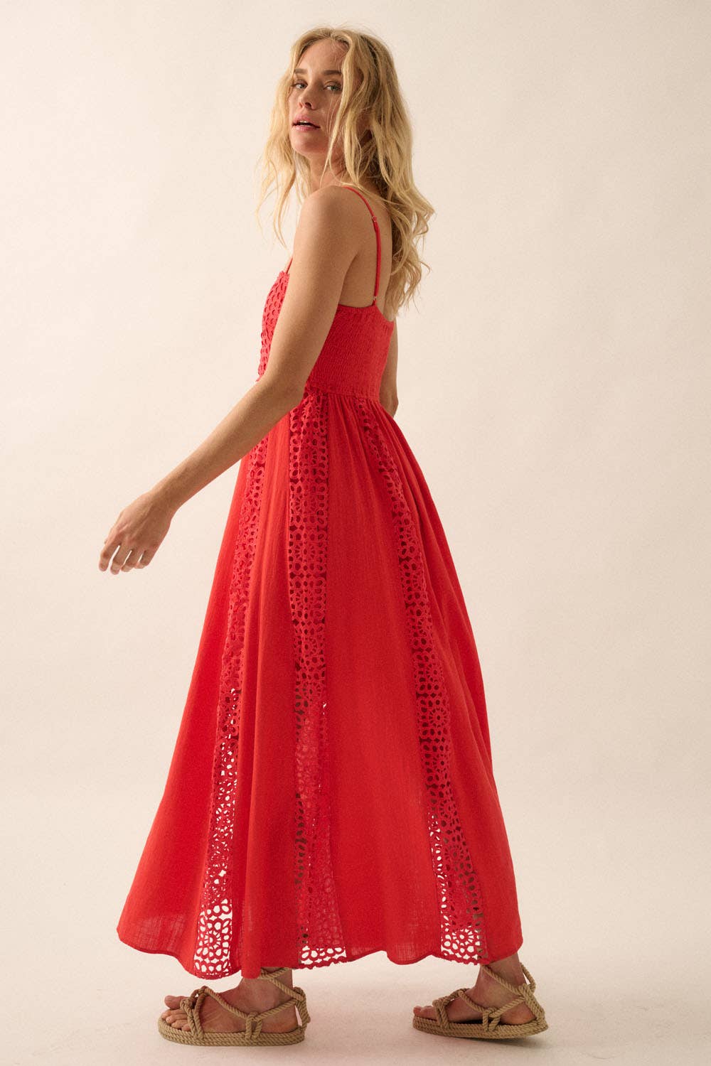 Red Crochet Lace and Crepe Paneled Maxi Dress