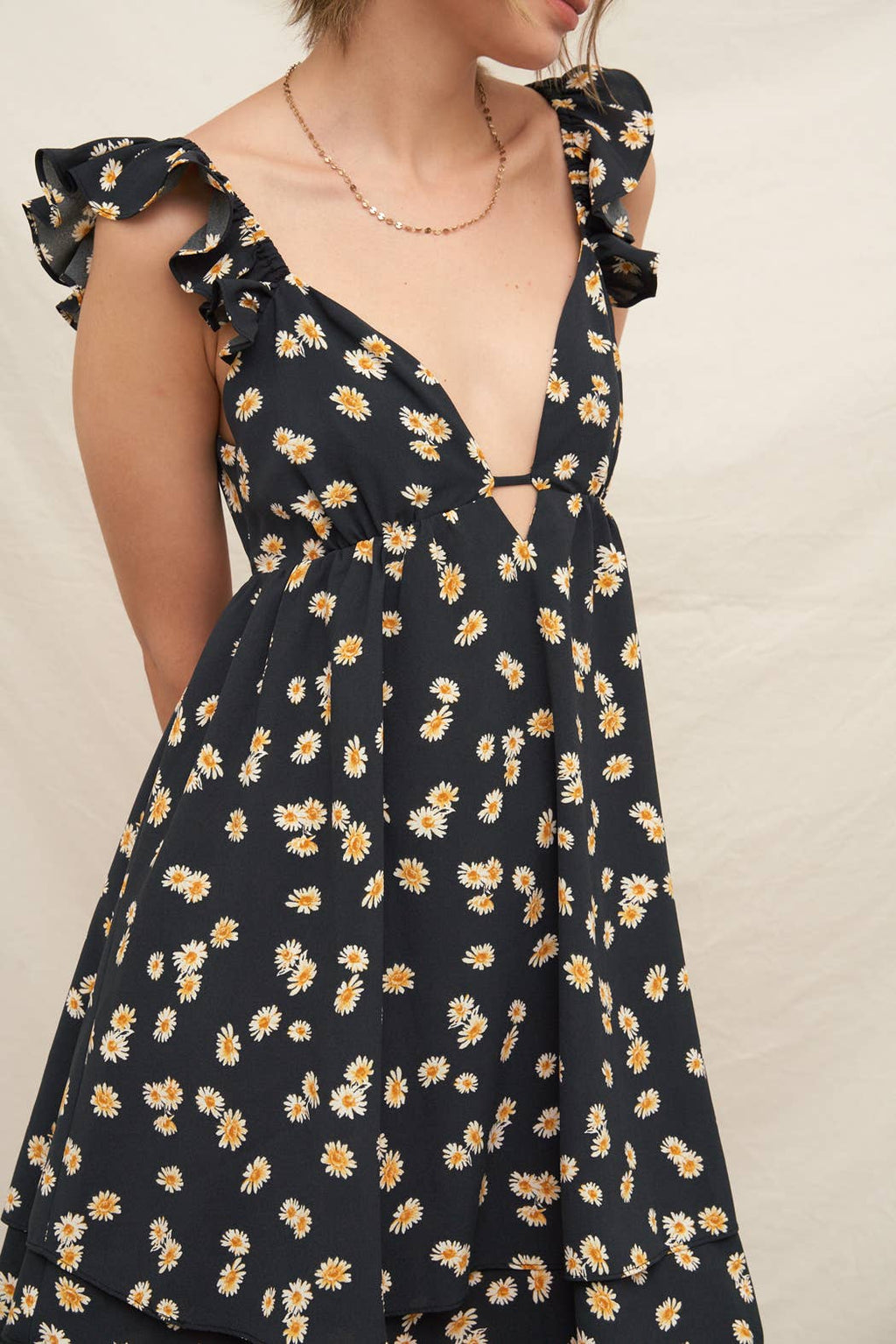 Daisy Print Flutter Sleeve Open Back Mini Dress