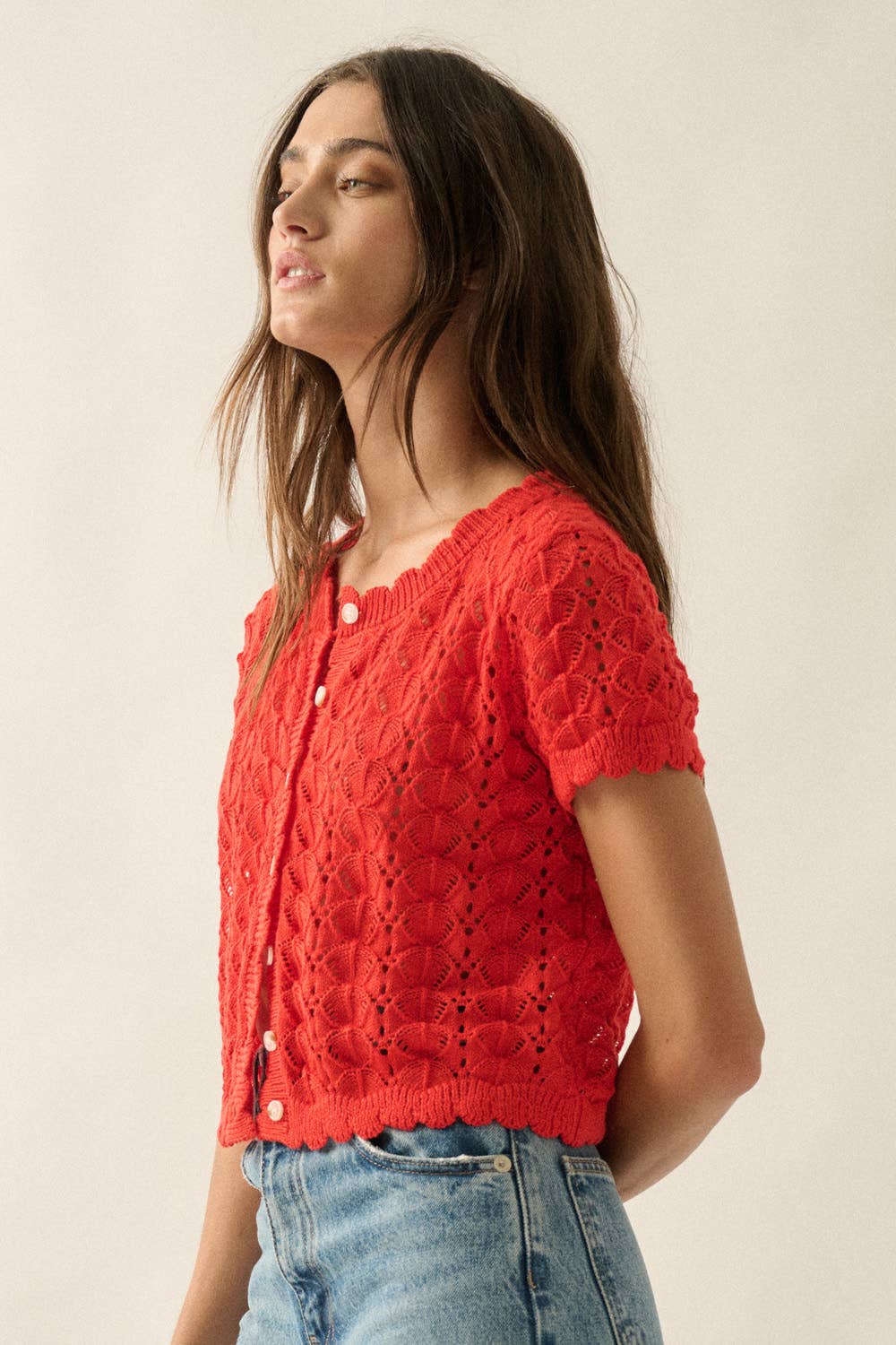 Pointelle Crochet-Knit Buttoned Short Sleeve Cardigan Top