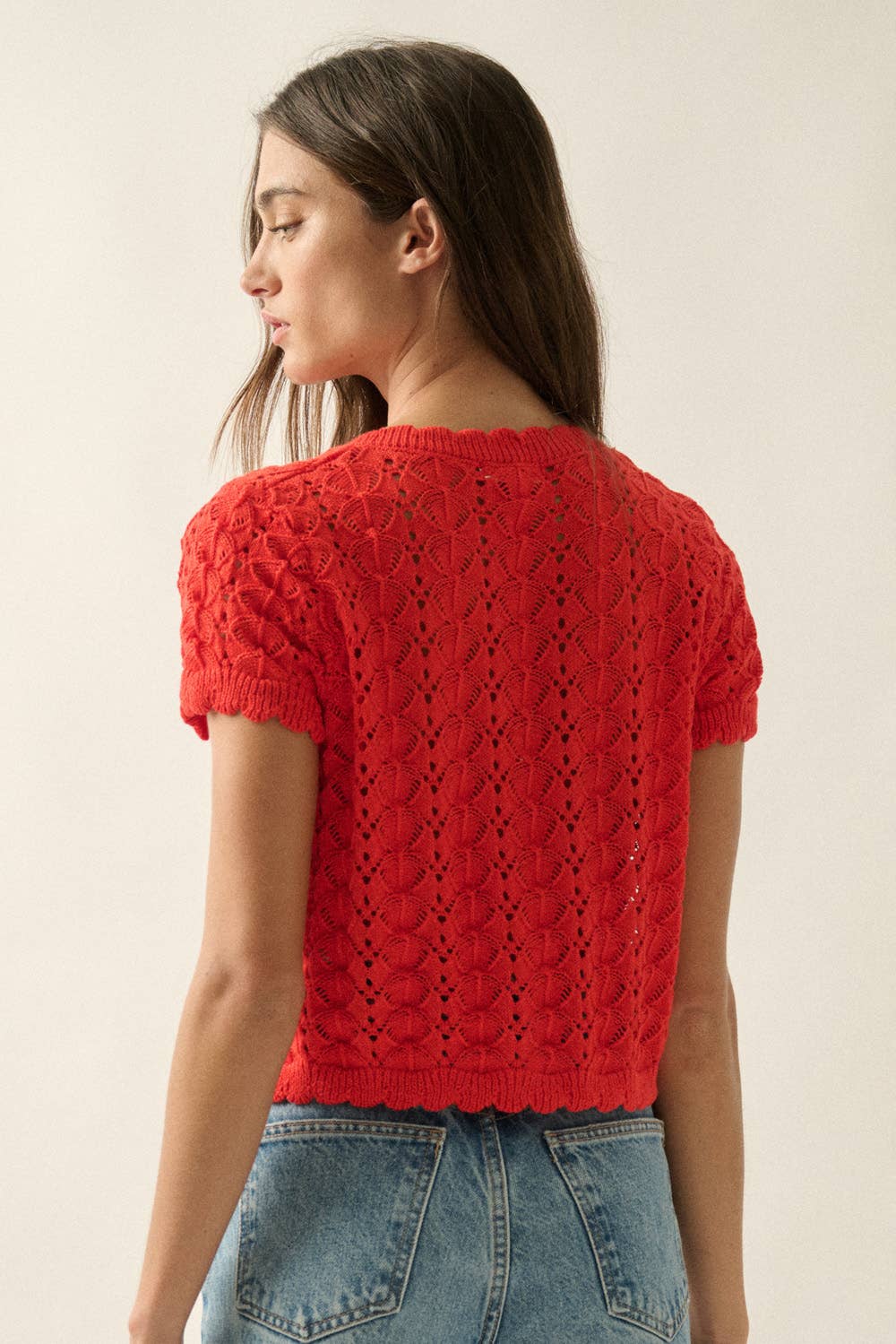 Pointelle Crochet-Knit Buttoned Short Sleeve Cardigan Top