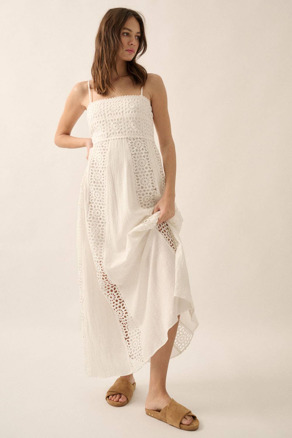 Red Crochet Lace and Crepe Paneled Maxi Dress