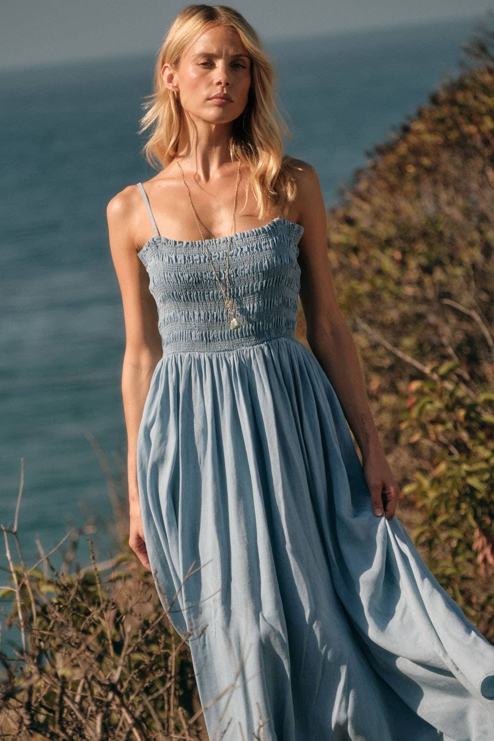 Tencel Denim Smocked Pocket Midi Dress