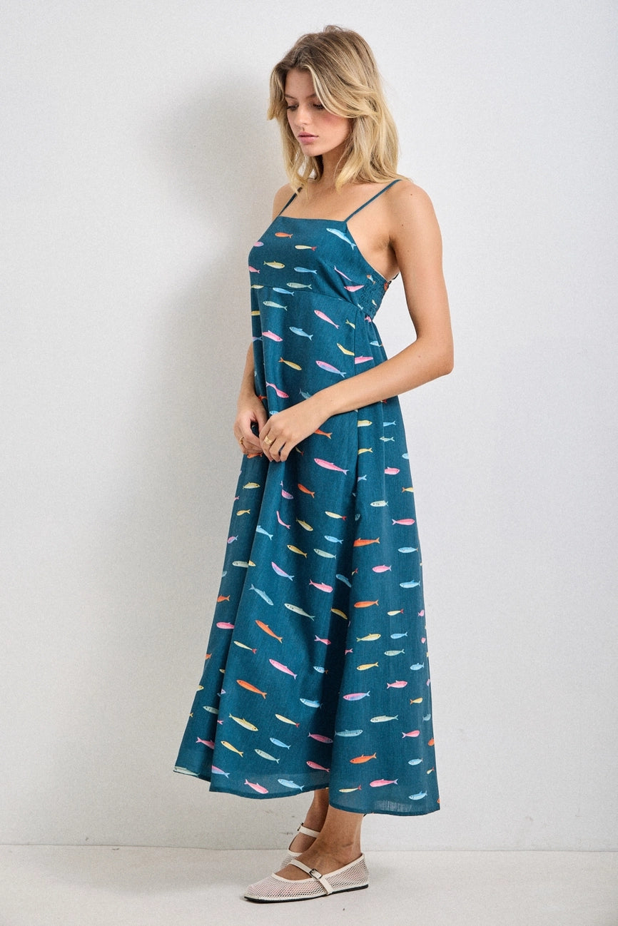 Teal Fish Print Midi Dress