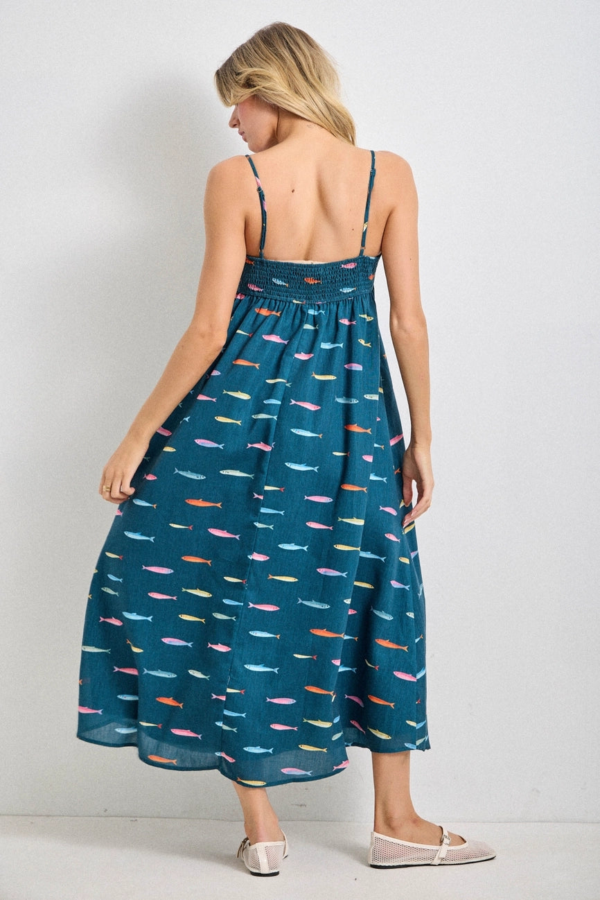 Teal Fish Print Midi Dress